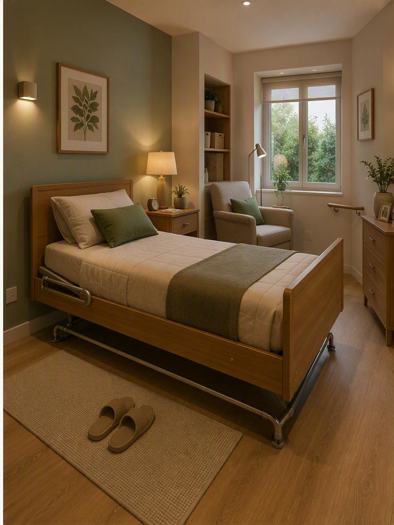 Quarto com cama articulada e candeeiro de cabeceira